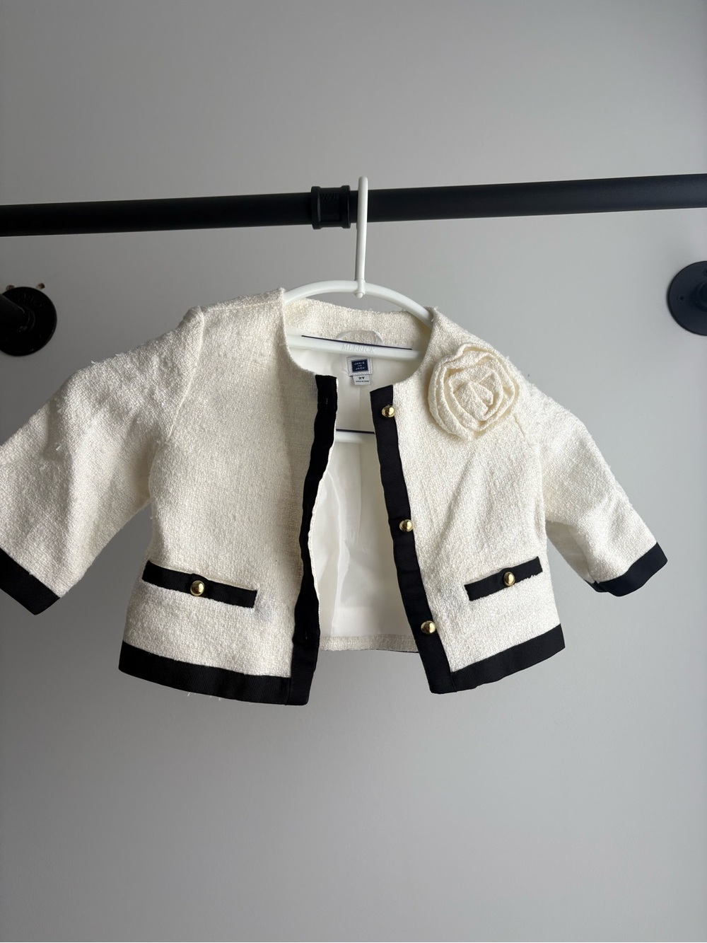 Janie and Jack Cream Bouclé Jacket with Black Trim and Flower Accent